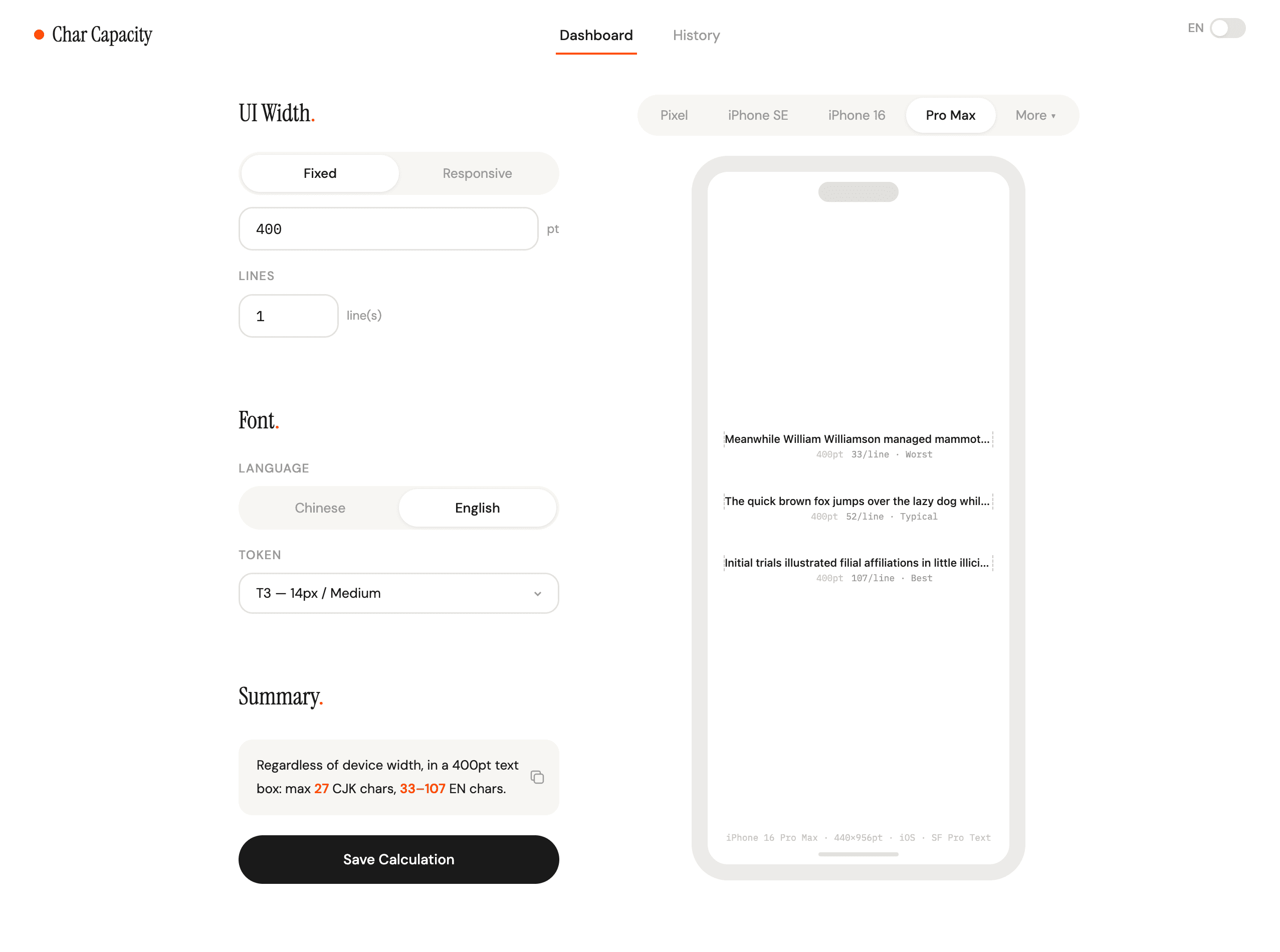 Char Capacity dashboard calculating English and Chinese character limits for a 400-point text box across devices