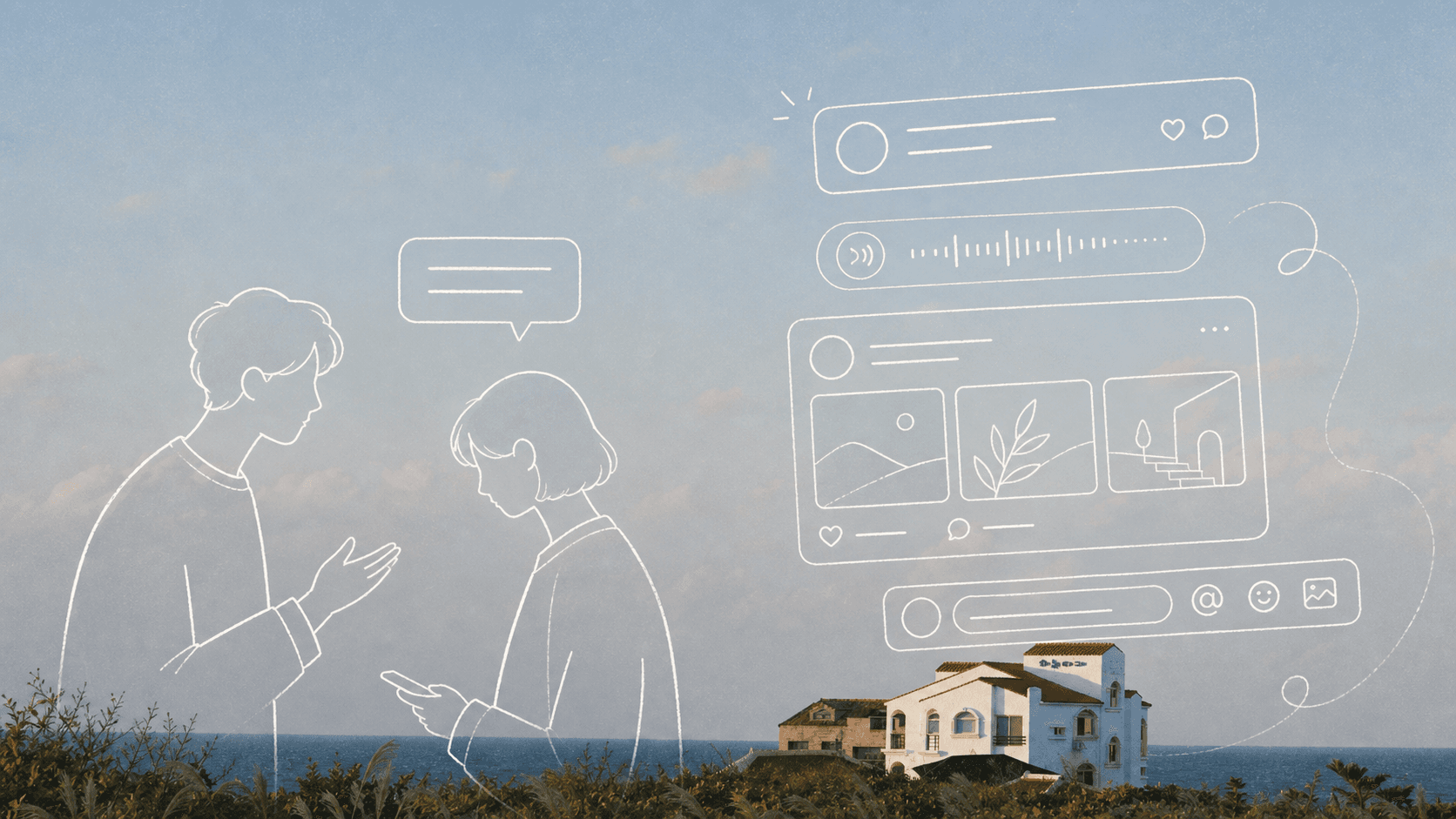 Illustration of two people exchanging photo, voice, and comment posts over a coastal landscape