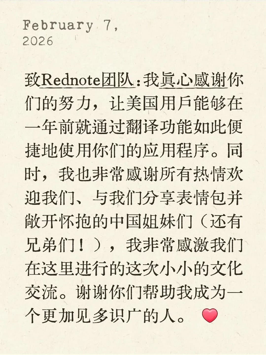 Original note by Libbe De Witte on rednote, thanking the translation feature for helping U.S. users