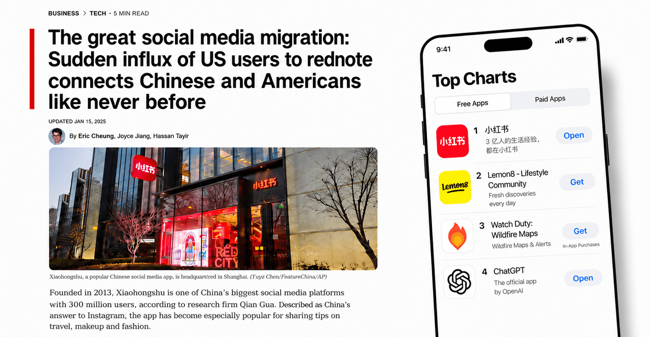 News coverage of the TikTok-refugee moment alongside rednote reaching number one on the U.S. App Store