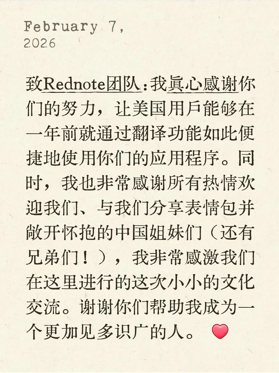 Original note by Libbe De Witte on rednote, thanking the translation feature for helping U.S. users
