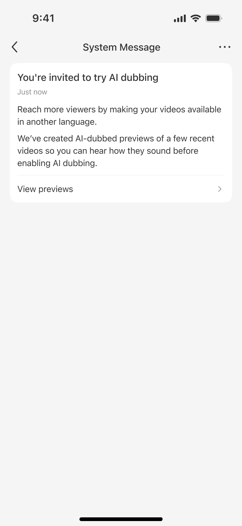 System message inviting a creator to try AI dubbing