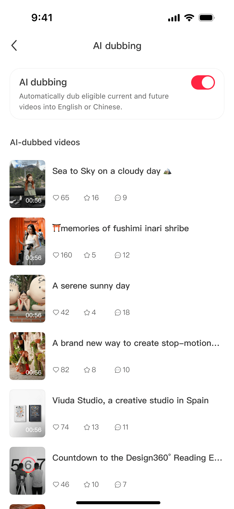 AI dubbing management page with the global setting and dubbed videos