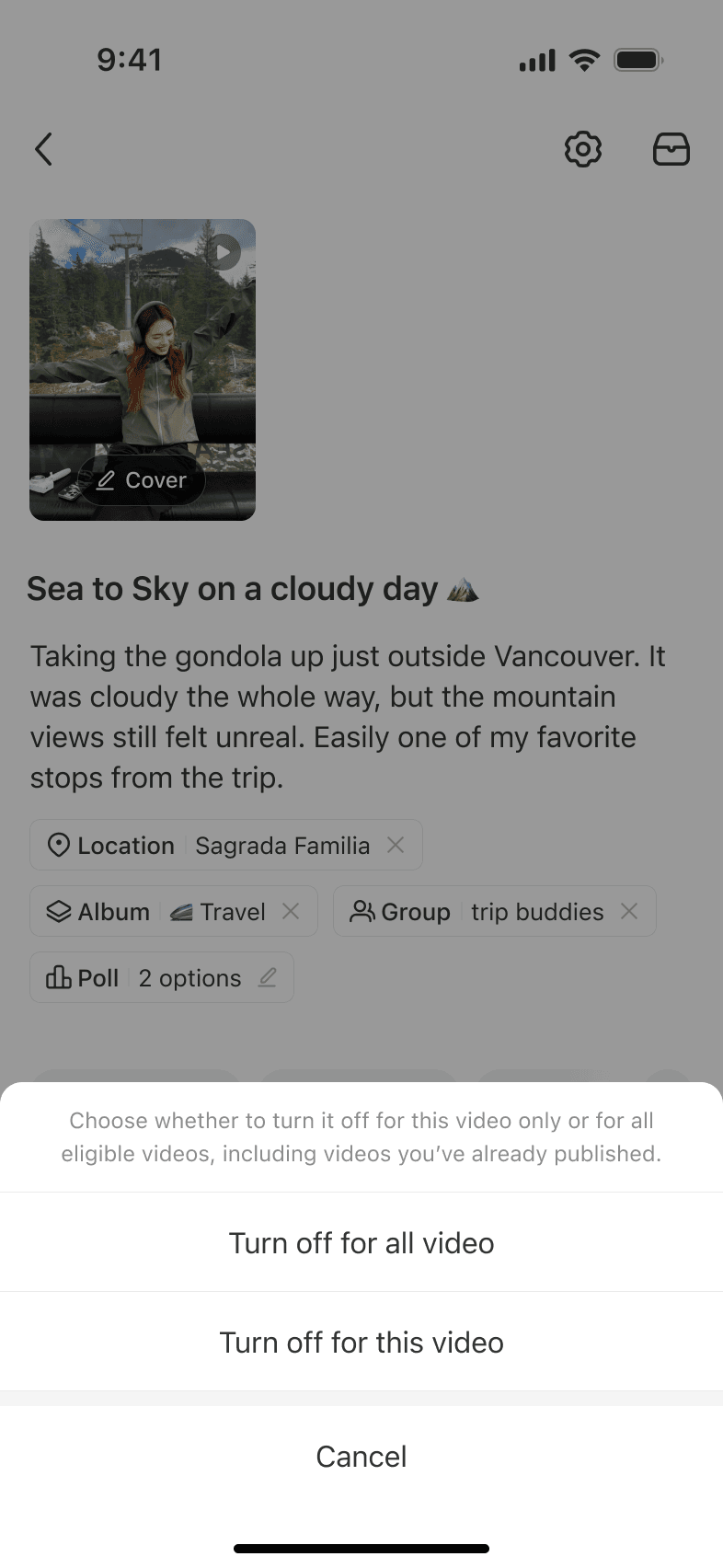 Scope menu for turning off one video or all videos