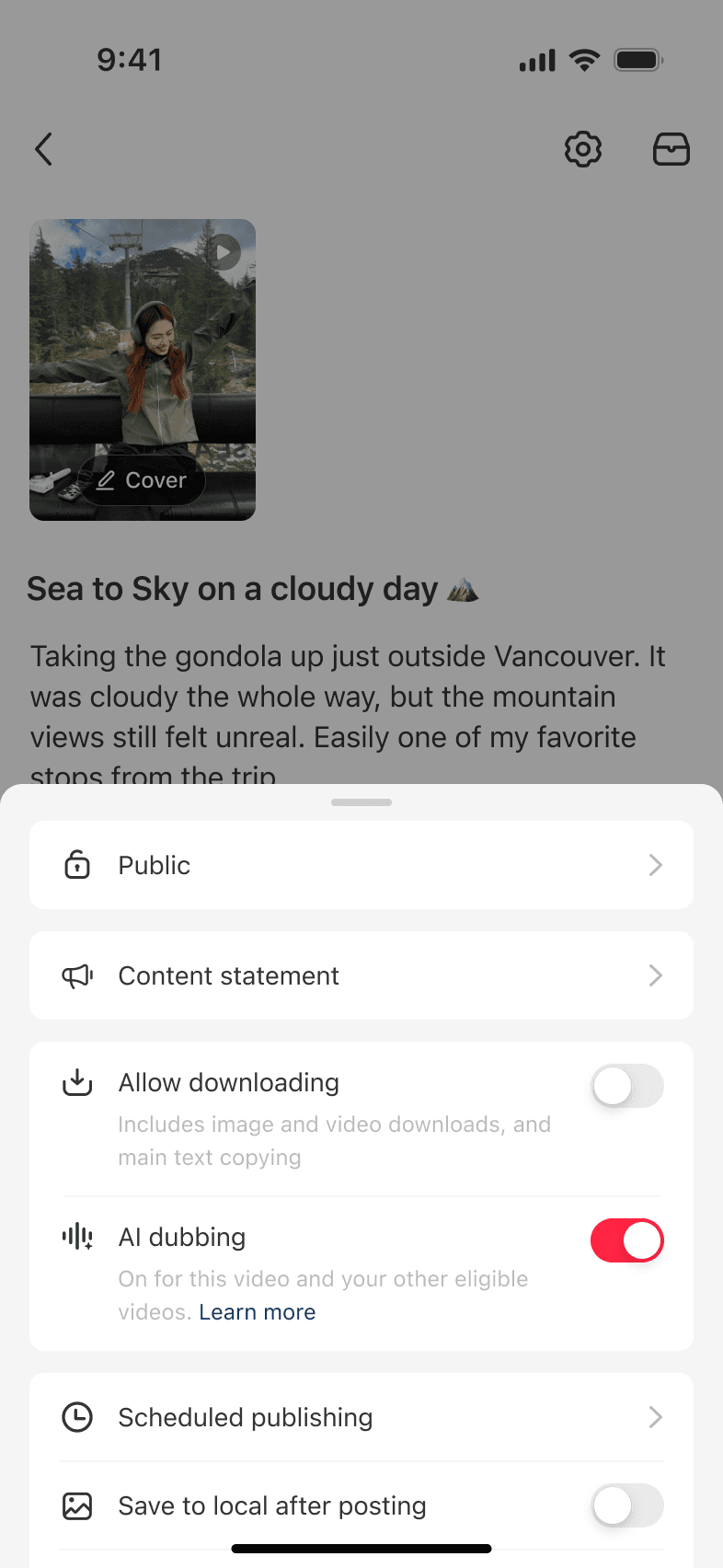 Publishing settings with AI dubbing enabled for the current video