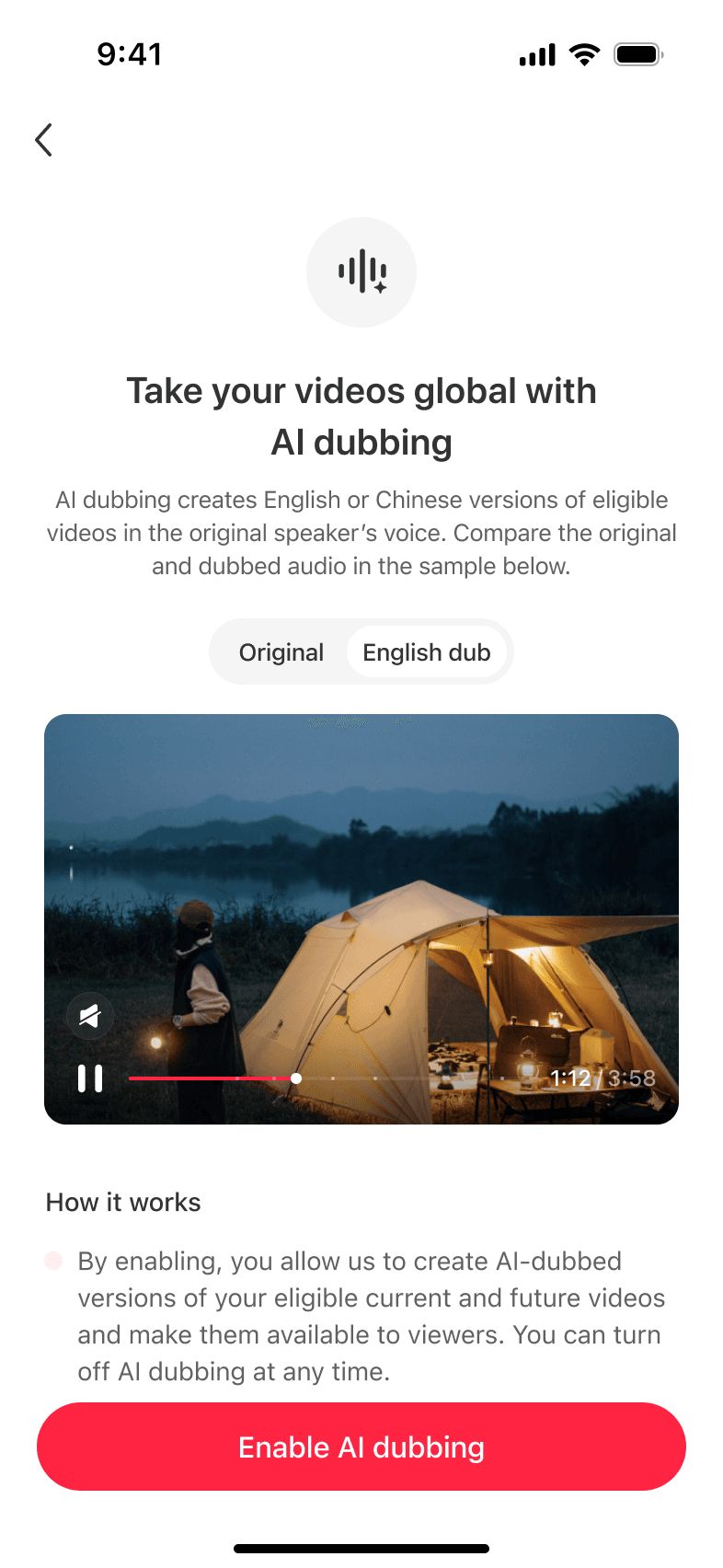 Revised feature page with an Original and AI-dubbed comparison