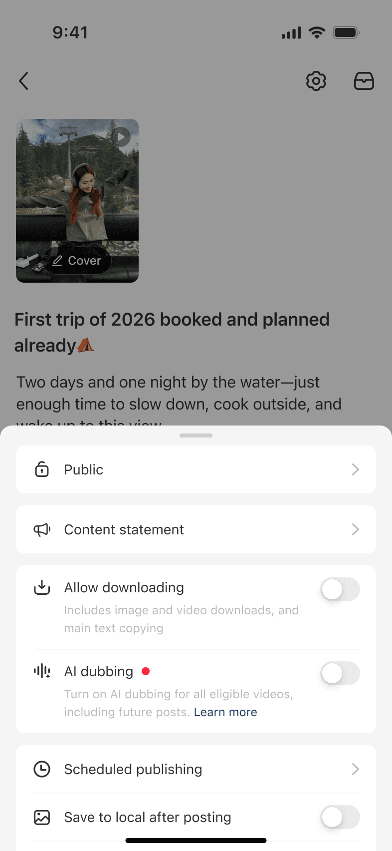 Publishing settings with an AI dubbing authorization entry