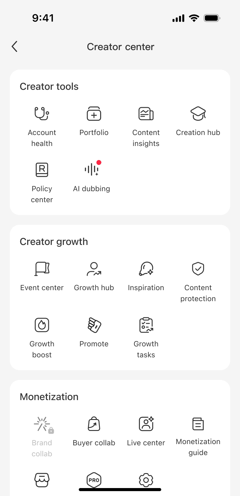 Creator Center with a new AI dubbing entry