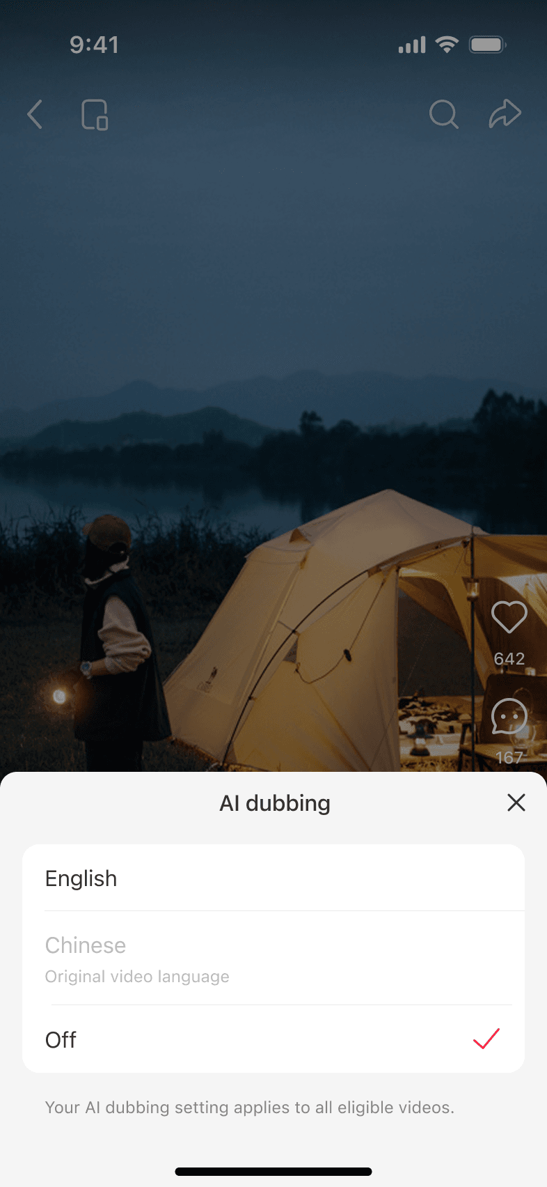 AI dubbing language menu with English available