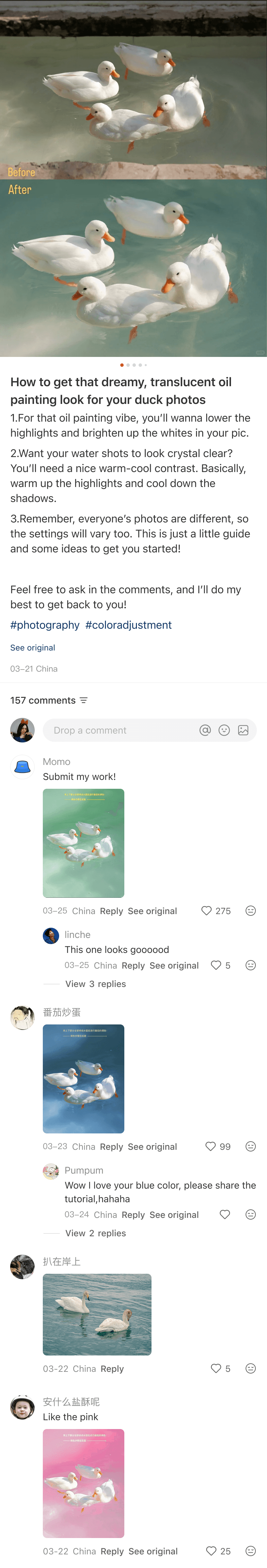 Long rednote comment thread where users submit photo editing homework