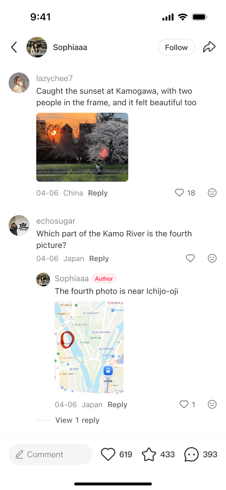 Image comment layout using a smaller display size inside the thread