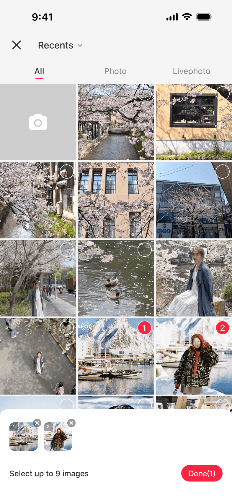 Before state showing multi-image selection flow in comments