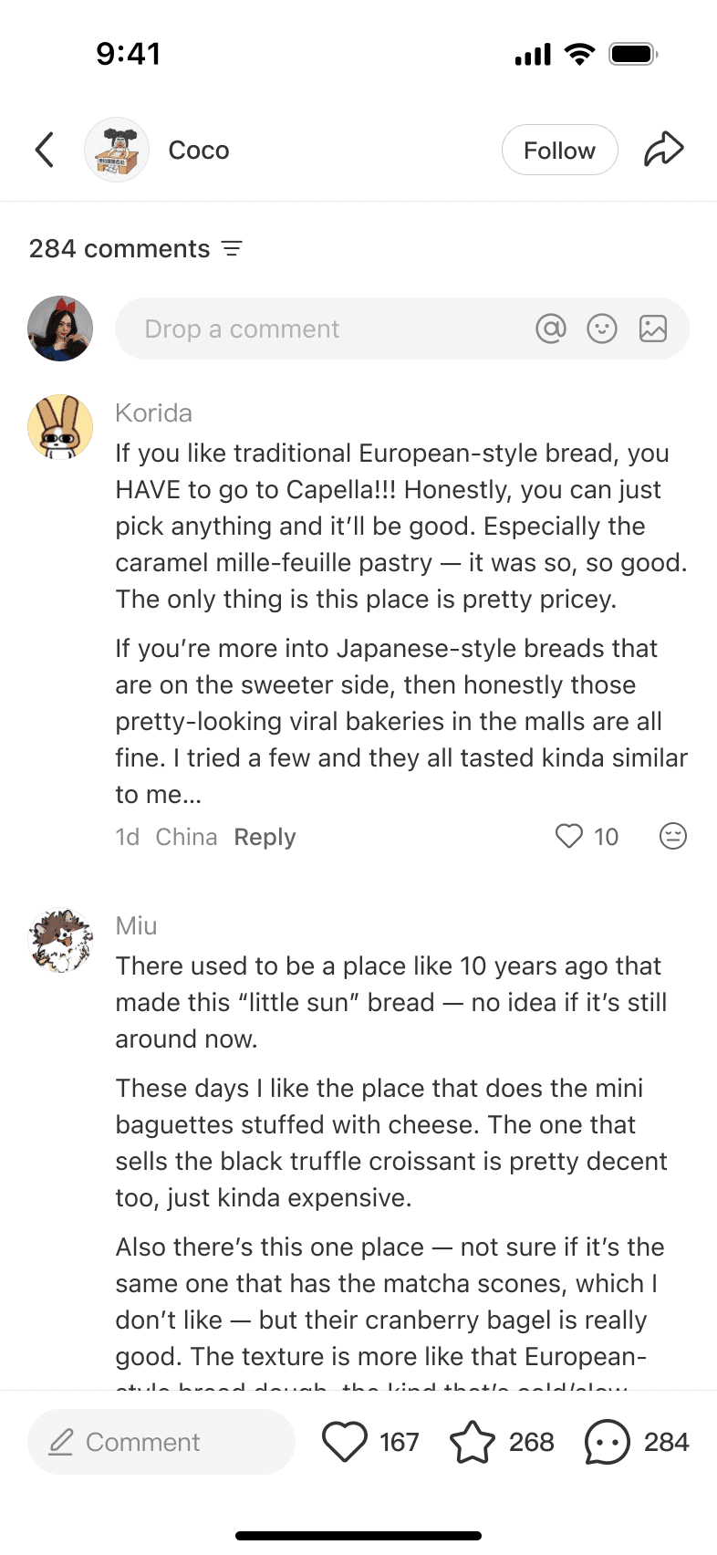 Follow-up replies in a rednote comment thread about Shanghai bakery recommendations