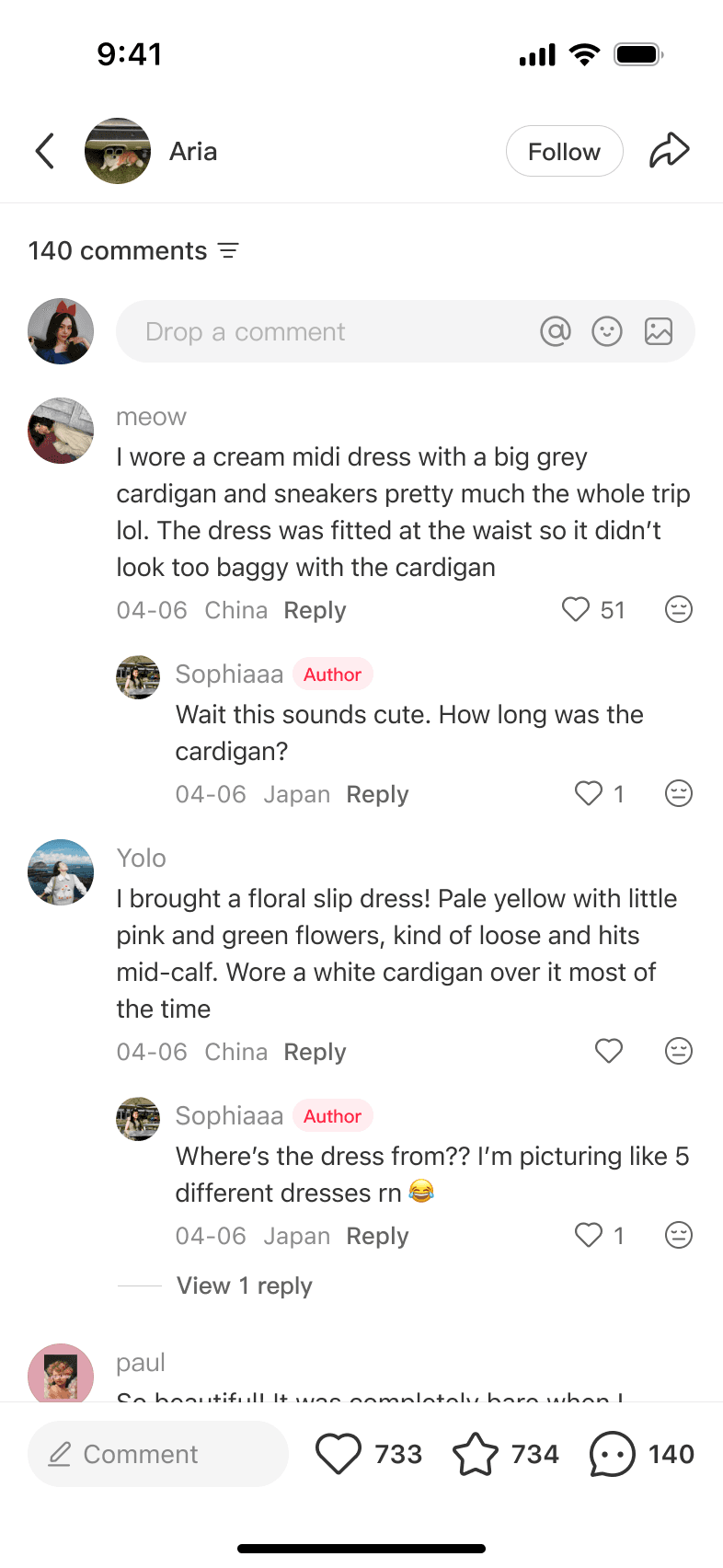 Text replies describing outfits, followed by the author's questions about their details
