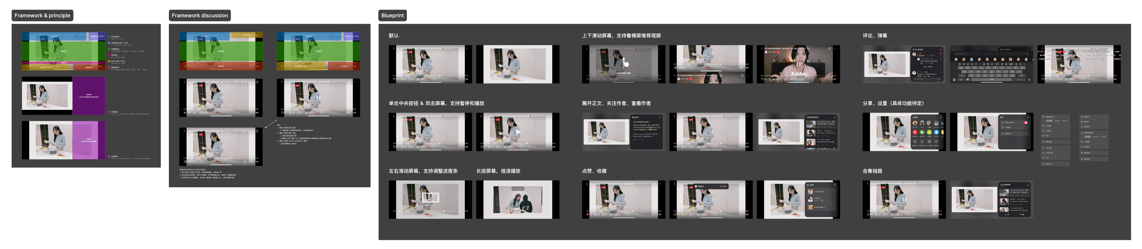 Overview of the horizontal video working file, showing framework principles, design discussions, and feature explorations.