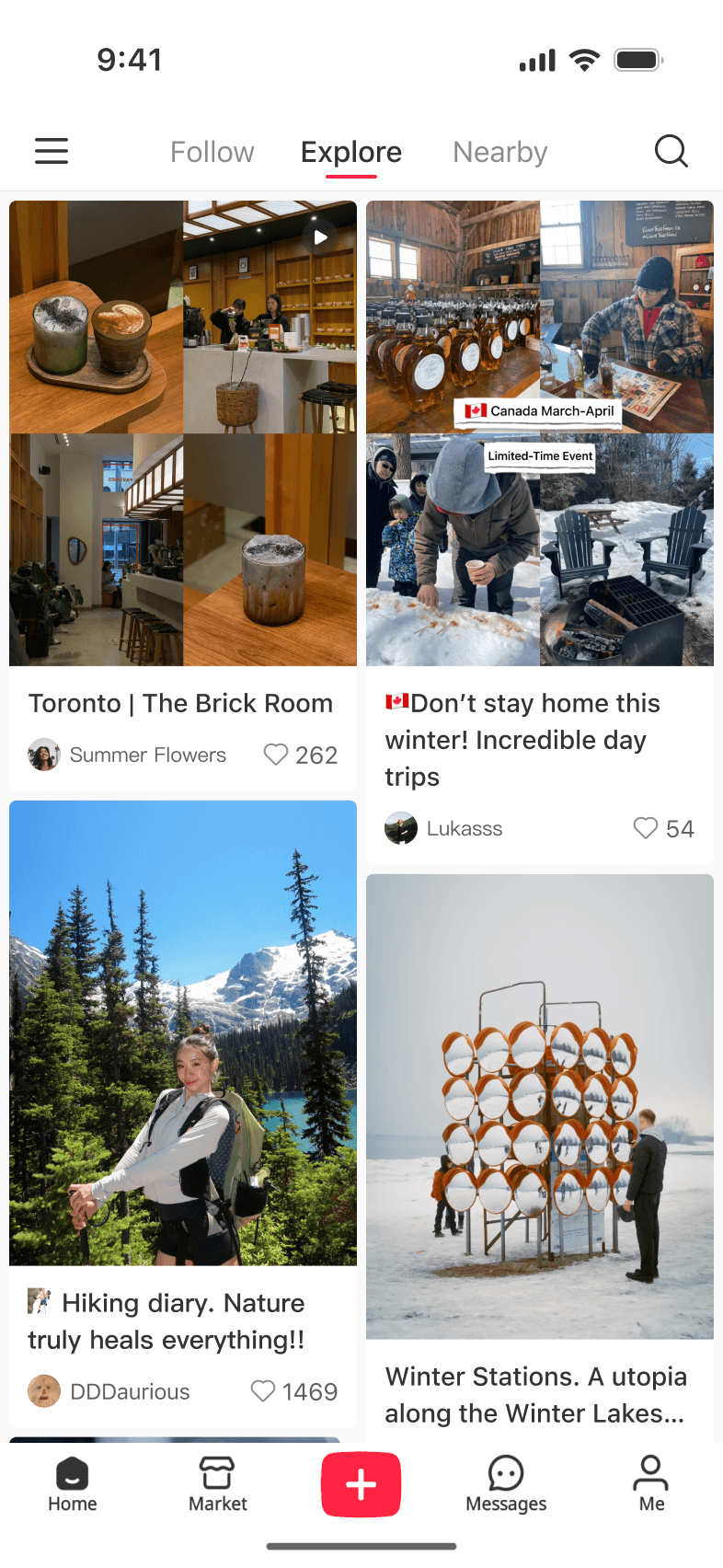 Explore feed showing English translations of Chinese note titles and image text