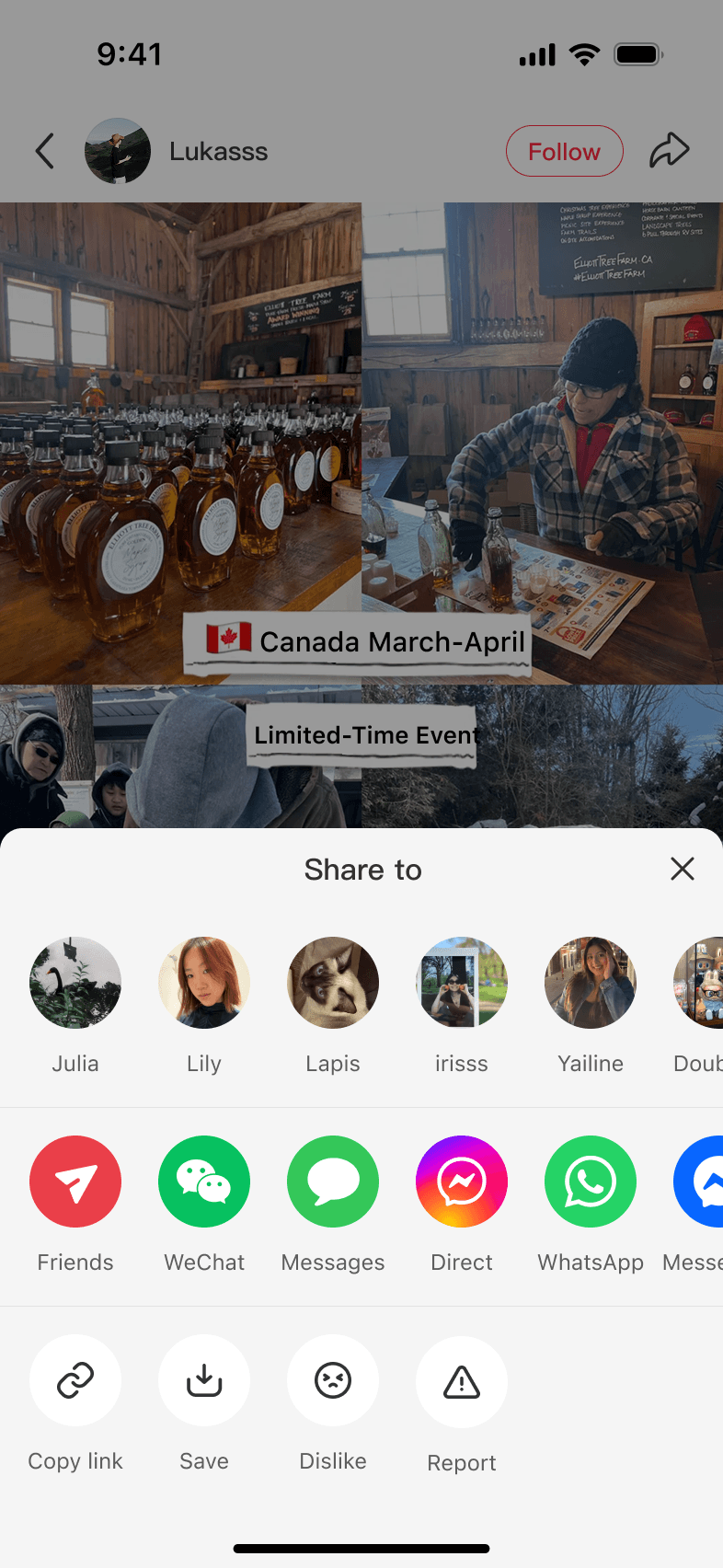 Post detail with an external sharing sheet for contacts and messaging channels