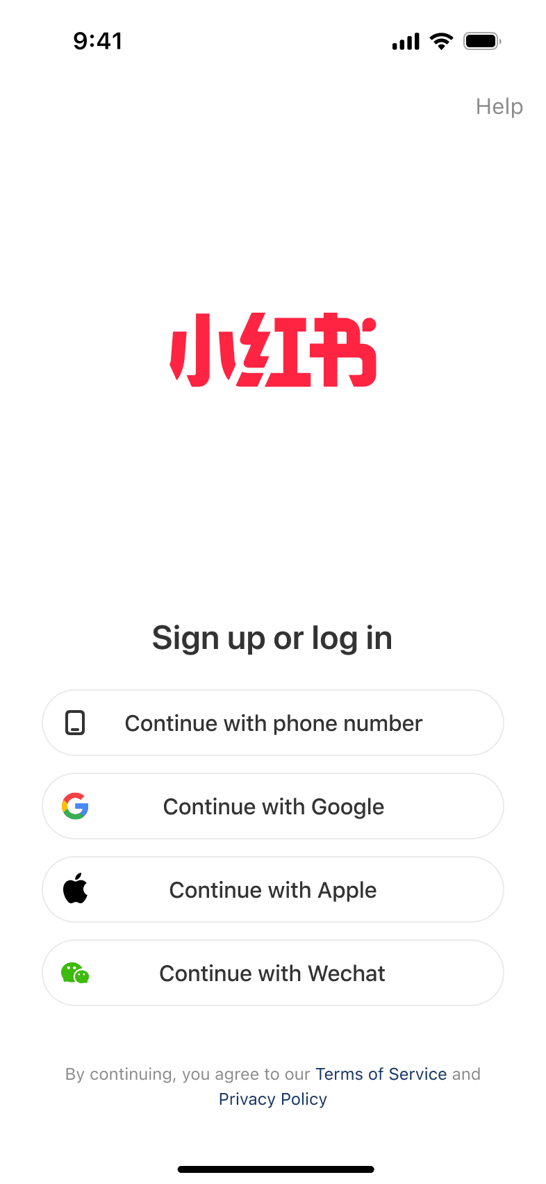 Sign-up and login screen with phone, Google, Apple, and WeChat options
