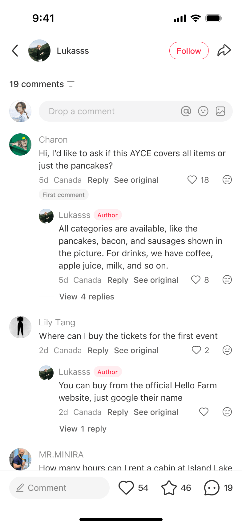 Comment thread with an English translation displayed below a Chinese comment