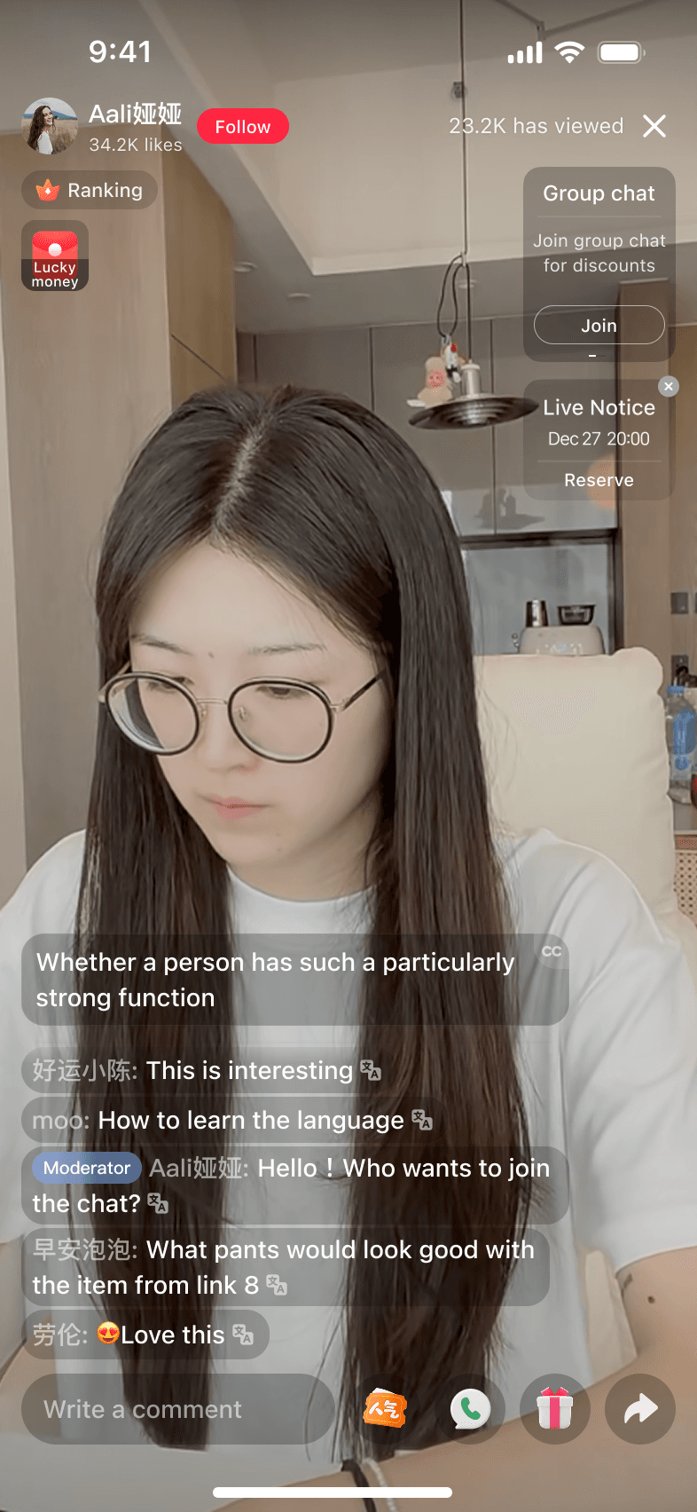 Livestream interface showing real-time translated captions and comments