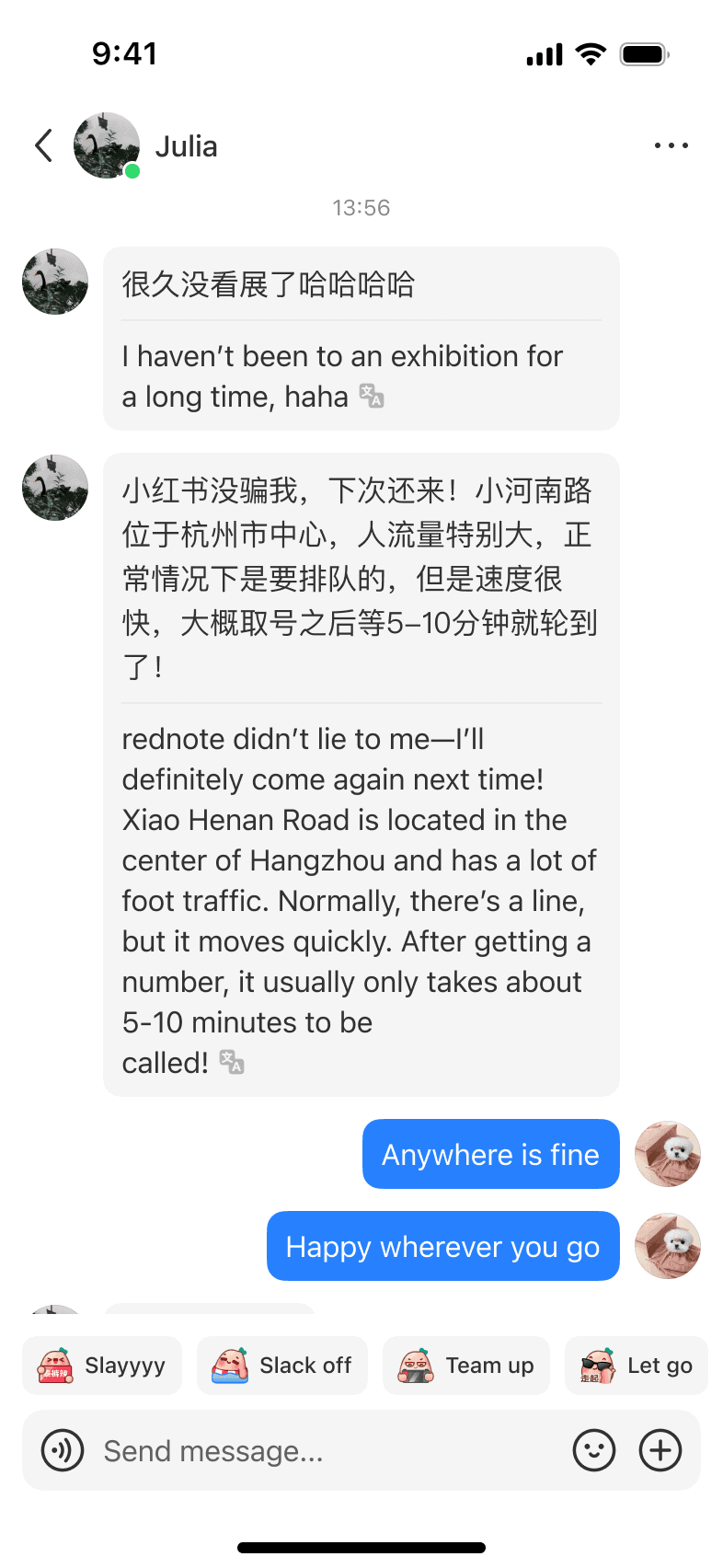 Direct-message conversation with translated messages beneath the original text