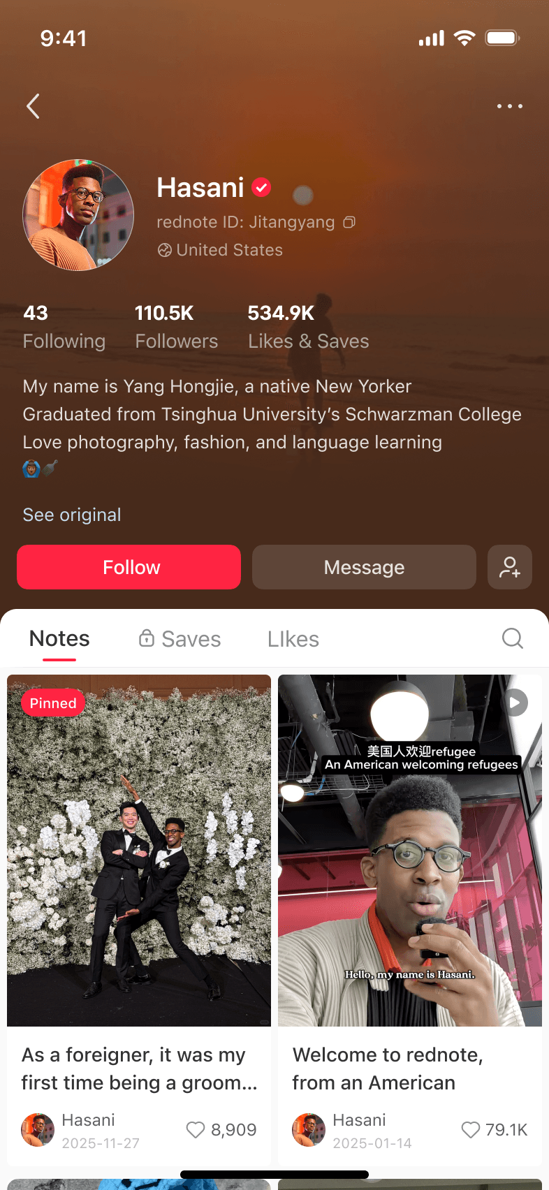 Profile page with a translated bio and interface labels