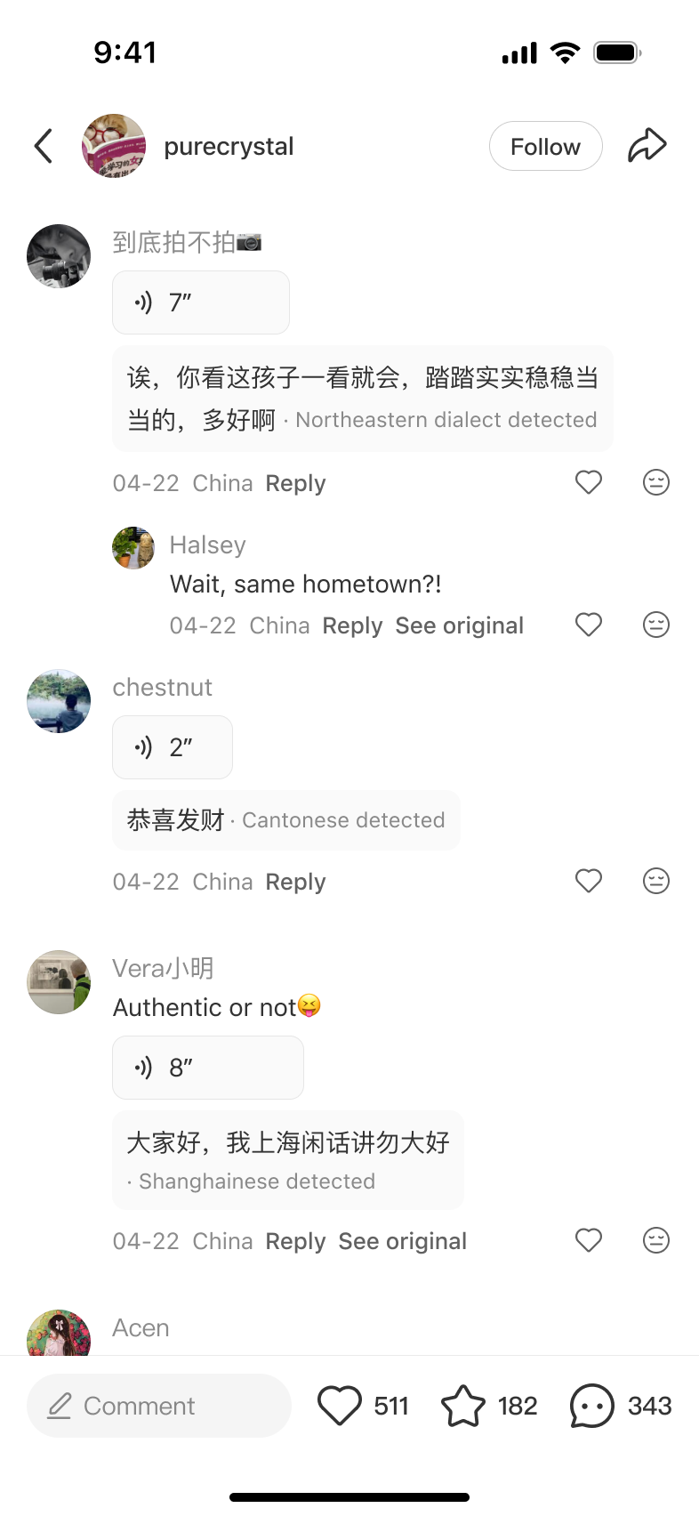 Voice comment interface identifying a dialect in the voice tag