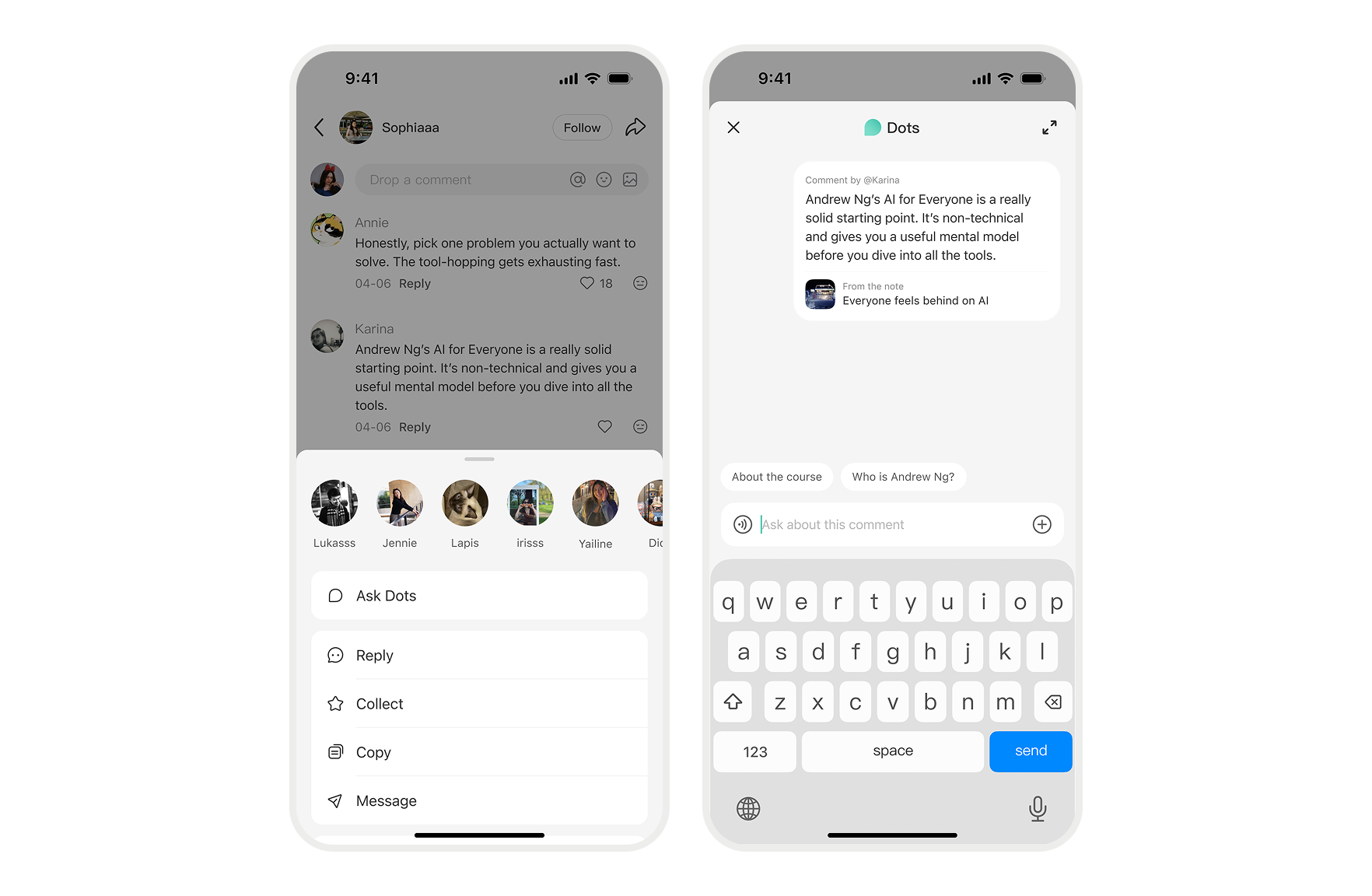 Ask Dots comment prompt and AI conversation interface